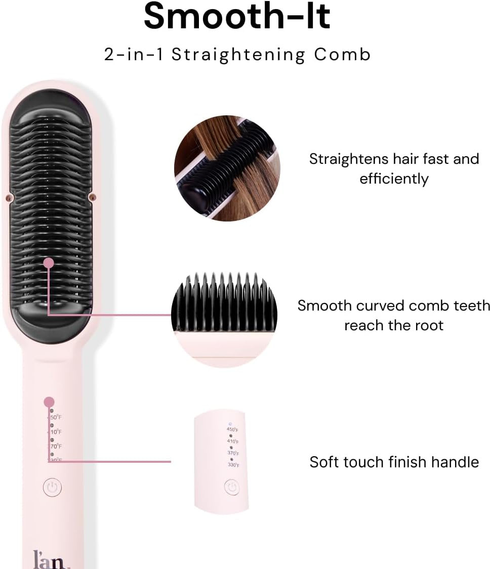 Smooth-It Classic 2-In-1 Electric Hot Comb Hair Straightener Brush | Hair Straightening Comb for Women | Electric Comb for Wigs and All Hair | Fast Heating, Anti-Scald, Anti-Frizz (Blush)