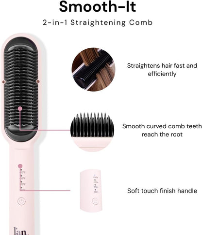Smooth-It Classic 2-In-1 Electric Hot Comb Hair Straightener Brush | Hair Straightening Comb for Women | Electric Comb for Wigs and All Hair | Fast Heating, Anti-Scald, Anti-Frizz (Blush)