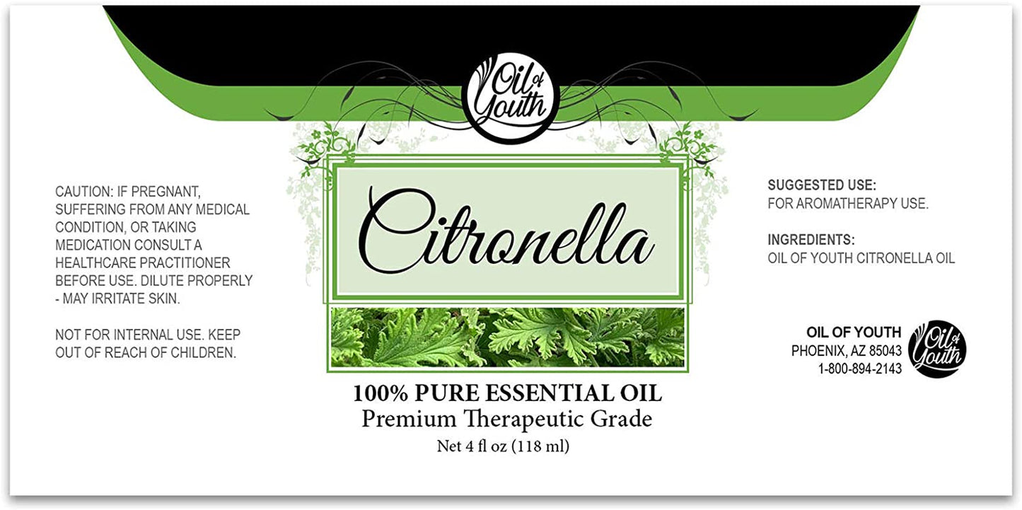 Citronella Essential Oil - Therapeutic Grade for Aromatherapy, Diffuser, Candle, Mosquitoes, Bugs Away - Dropper - 4 Fl Oz