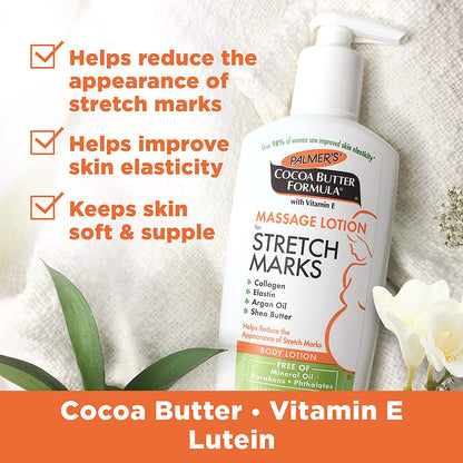 Cocoa Butter Formula Massage Lotion for Stretch Marks, Pregnancy Skin Care, Belly Cream with Collagen, Elastin, Argan Oil and Shea Butter, 8.5 Ounces